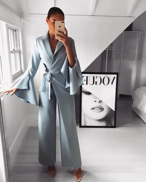 2018 Autumn Women Fashion Elegant Long Sleeve Workwear Formal Party Romper Irregular Flared Sleeve Knot Side Wide Leg Jumpsuit