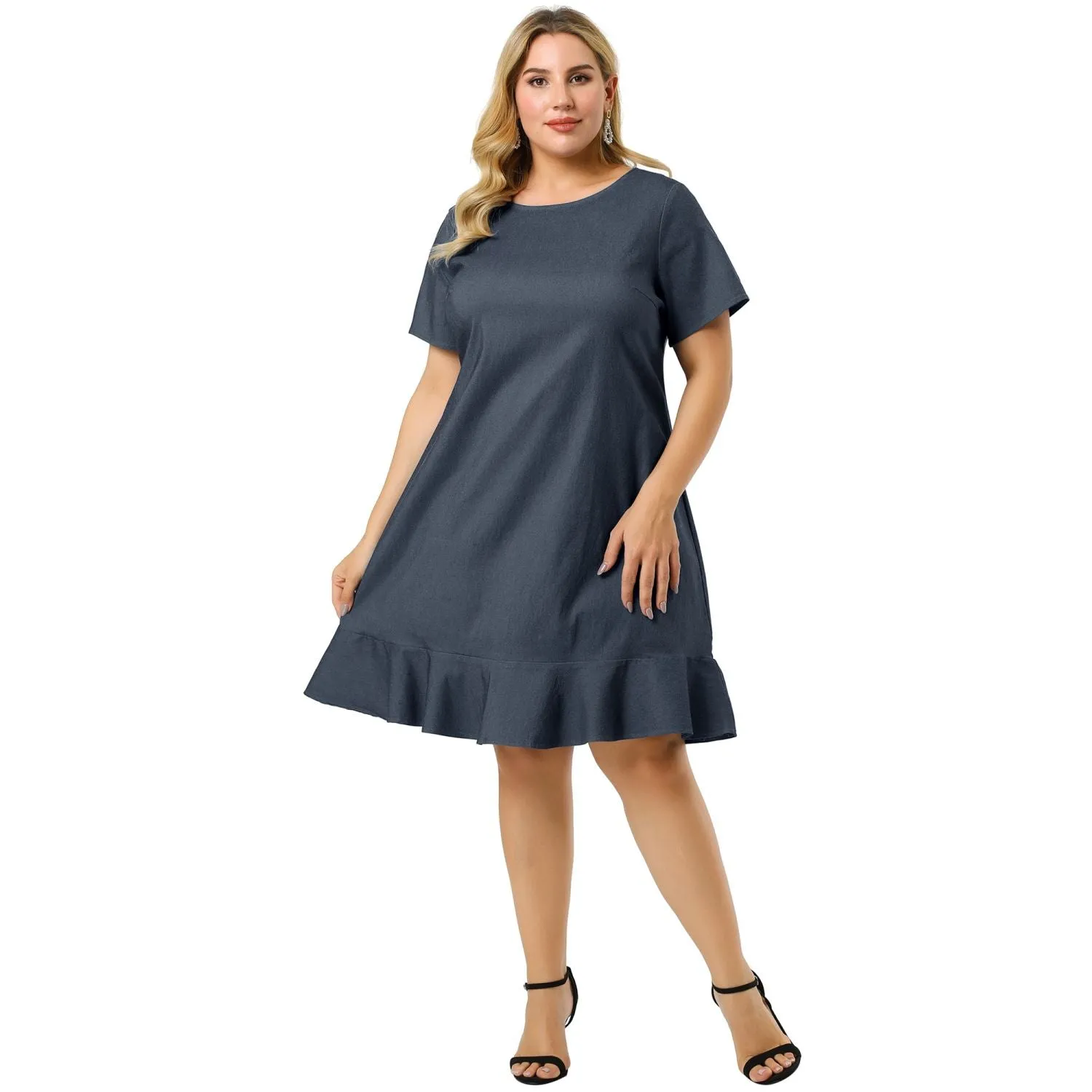 Agnes Orinda Women's Plus Size Short Sleeve Ruffle Denim Summer Casual Dress ,  blue