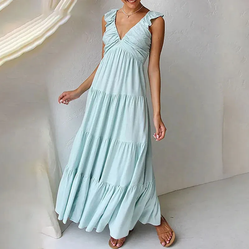 Beach Hem Maxi Sleeveless High Waist Draped Pleat High Street V Neck Loose A-Line Elegant Summer Dress