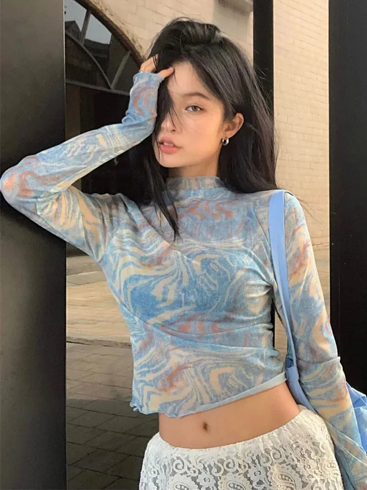 Benuynffy Stand-up Collar Tie-dye Thin Mesh Slim Streetwear Top Blouse