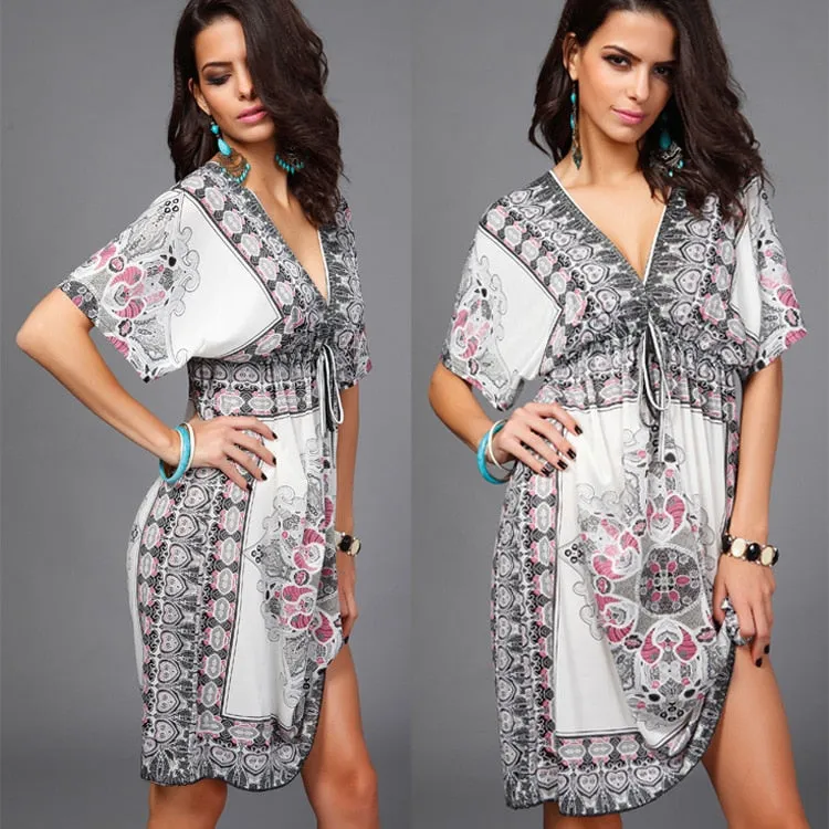 BerryBetty - Boho Style Summer Women Dress Sexy Sundresses Deep V Ethnic Floral Print Tunic Beach Dresses