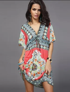 BerryBetty - Boho Style Summer Women Dress Sexy Sundresses Deep V Ethnic Floral Print Tunic Beach Dresses