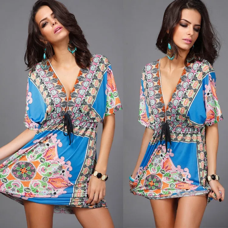 BerryBetty - Boho Style Summer Women Dress Sexy Sundresses Deep V Ethnic Floral Print Tunic Beach Dresses