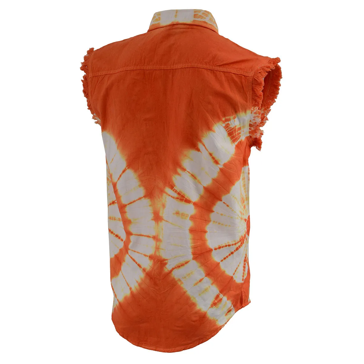 Biker Clothing Co. MDM11680 Men's Classic Orange and White Tie-Dye Button-Down Frayed Sleeveless Cut Off Shirt