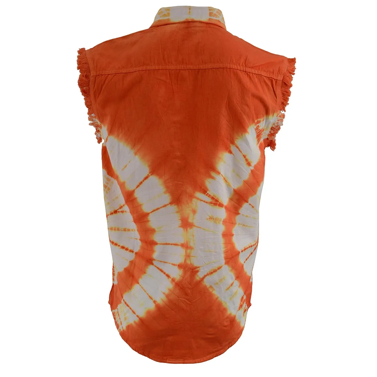 Biker Clothing Co. MDM11680 Men's Classic Orange and White Tie-Dye Button-Down Frayed Sleeveless Cut Off Shirt