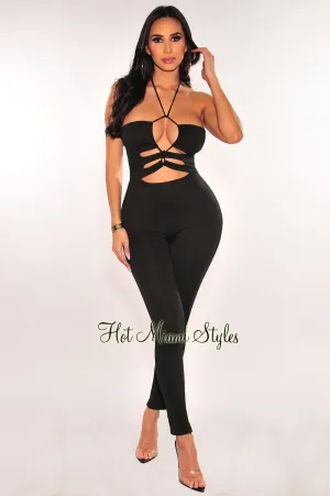 Black Criss Cross Cut Out Halter Open Back Jumpsuit