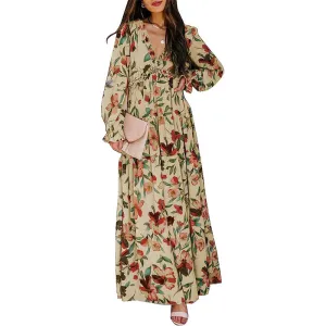 Blencot Casual Floral Deep V Neck Long Sleeve Dress, Apricot