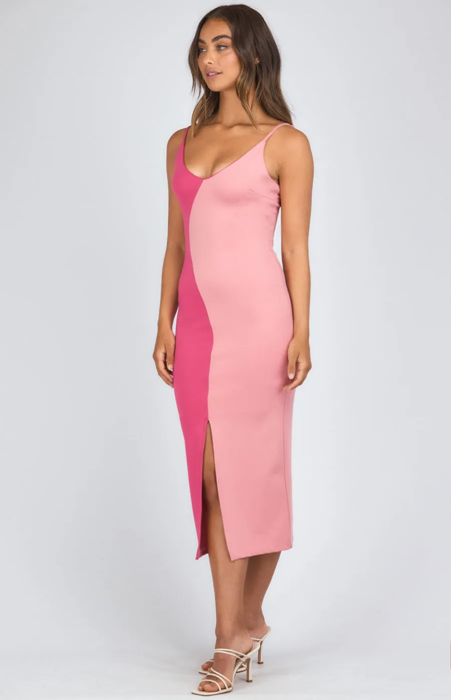 Block Colour Midi Dress With Front Split Detail