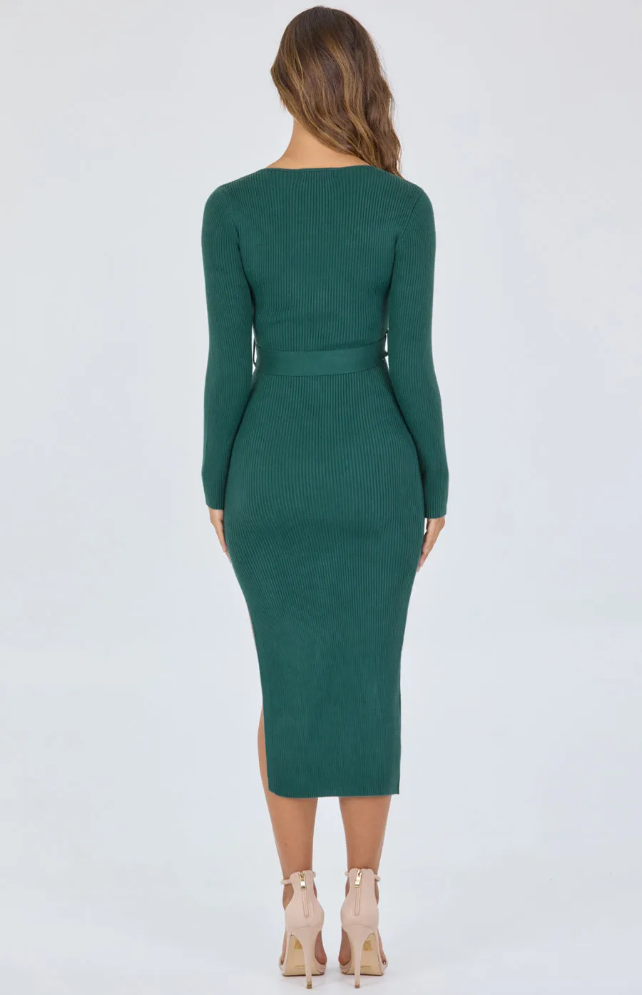 Boat Neckline Knit Midi Dress with Belt