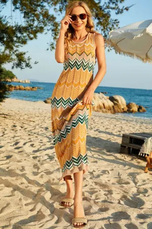 Boho Striped Semi Sheer Crochet Knit Beach Vacation Midi Sundress - Orange