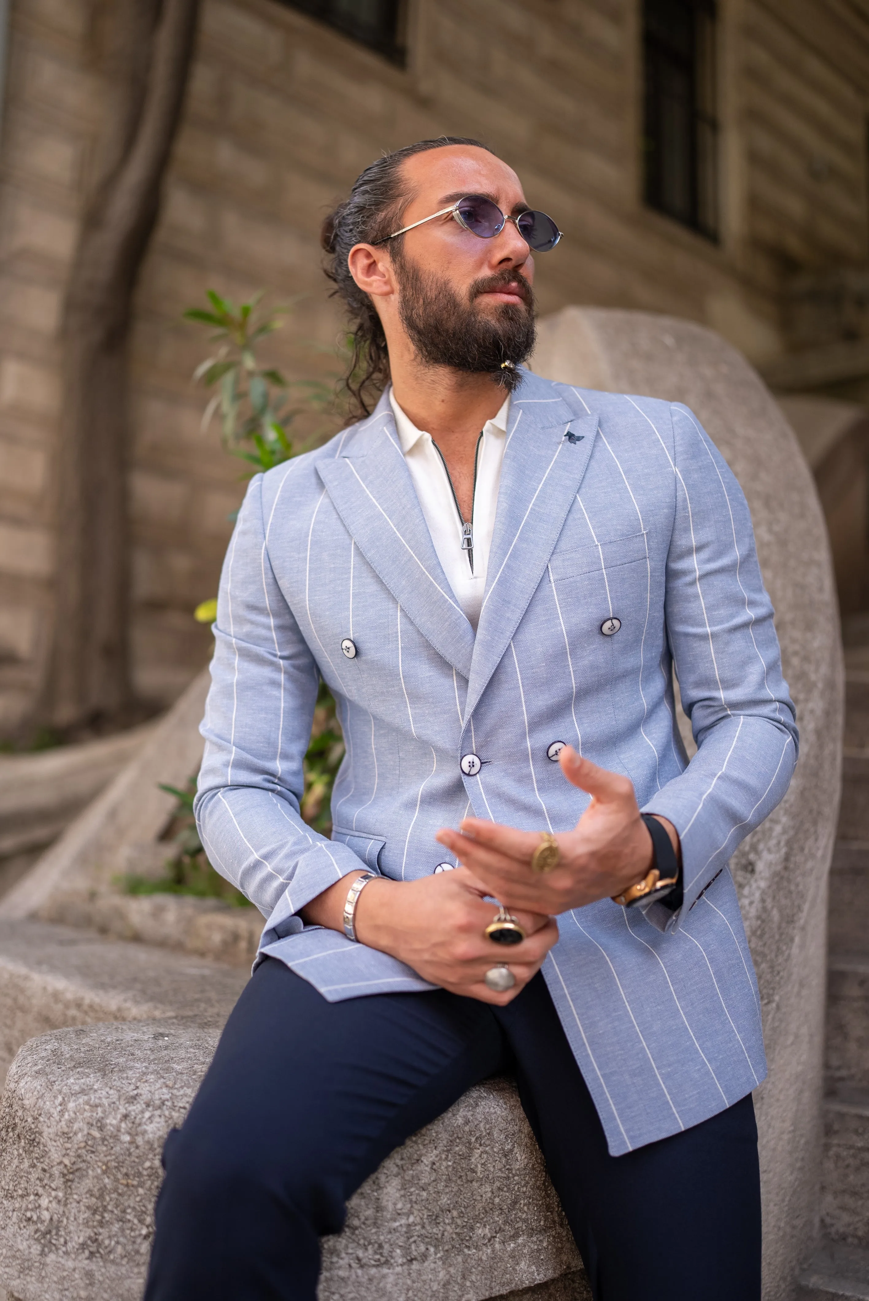 Brabion Noah Sky Blue Slim Fit Double Breasted Striped Blazer