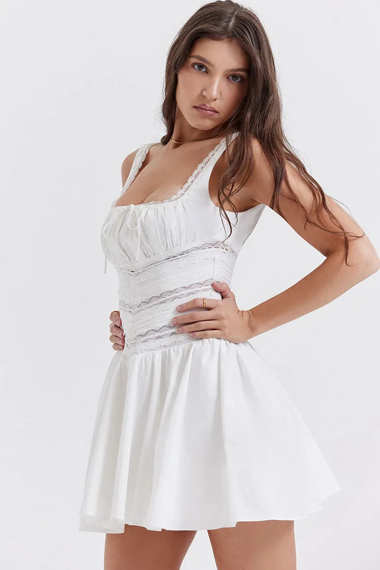 Breezy Lace Trim Square Neck Fit & Flare Summer Mini Sundress - White