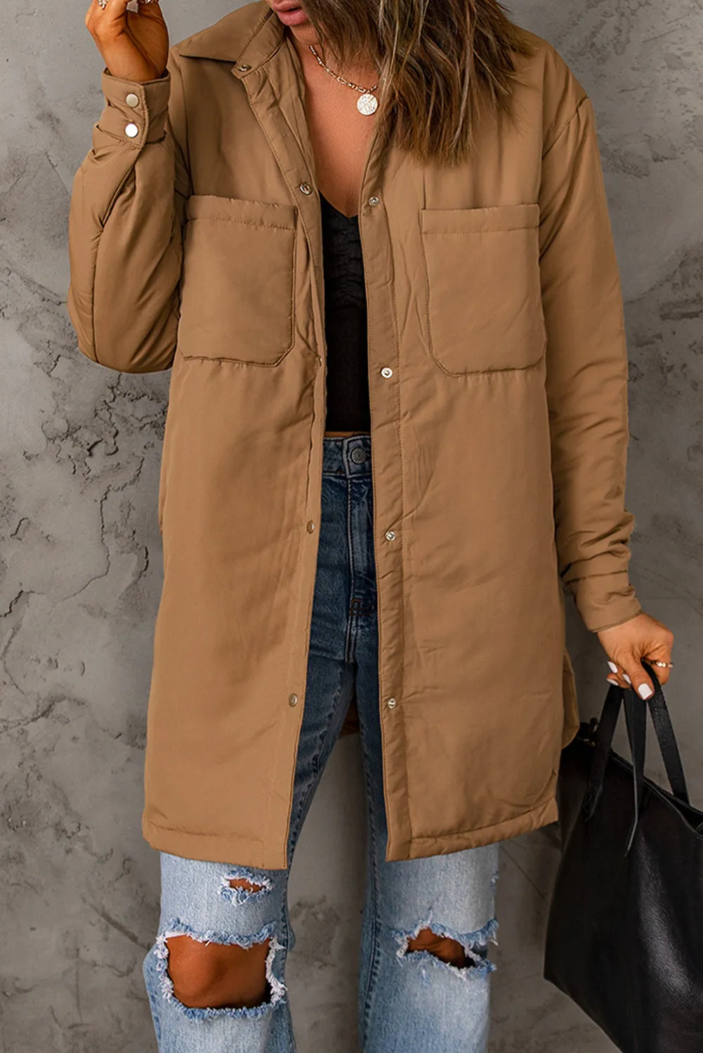 Brown Button Down Padded Jacket With Pockets