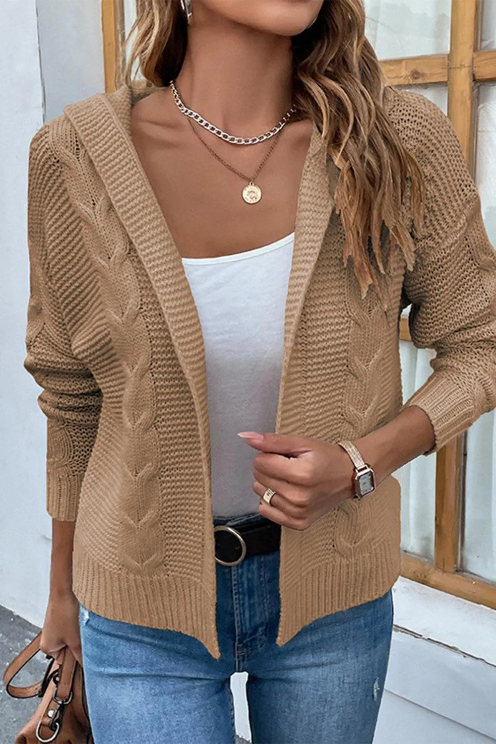 Cable-Knit Dropped Shoulder Hooded Cardigan