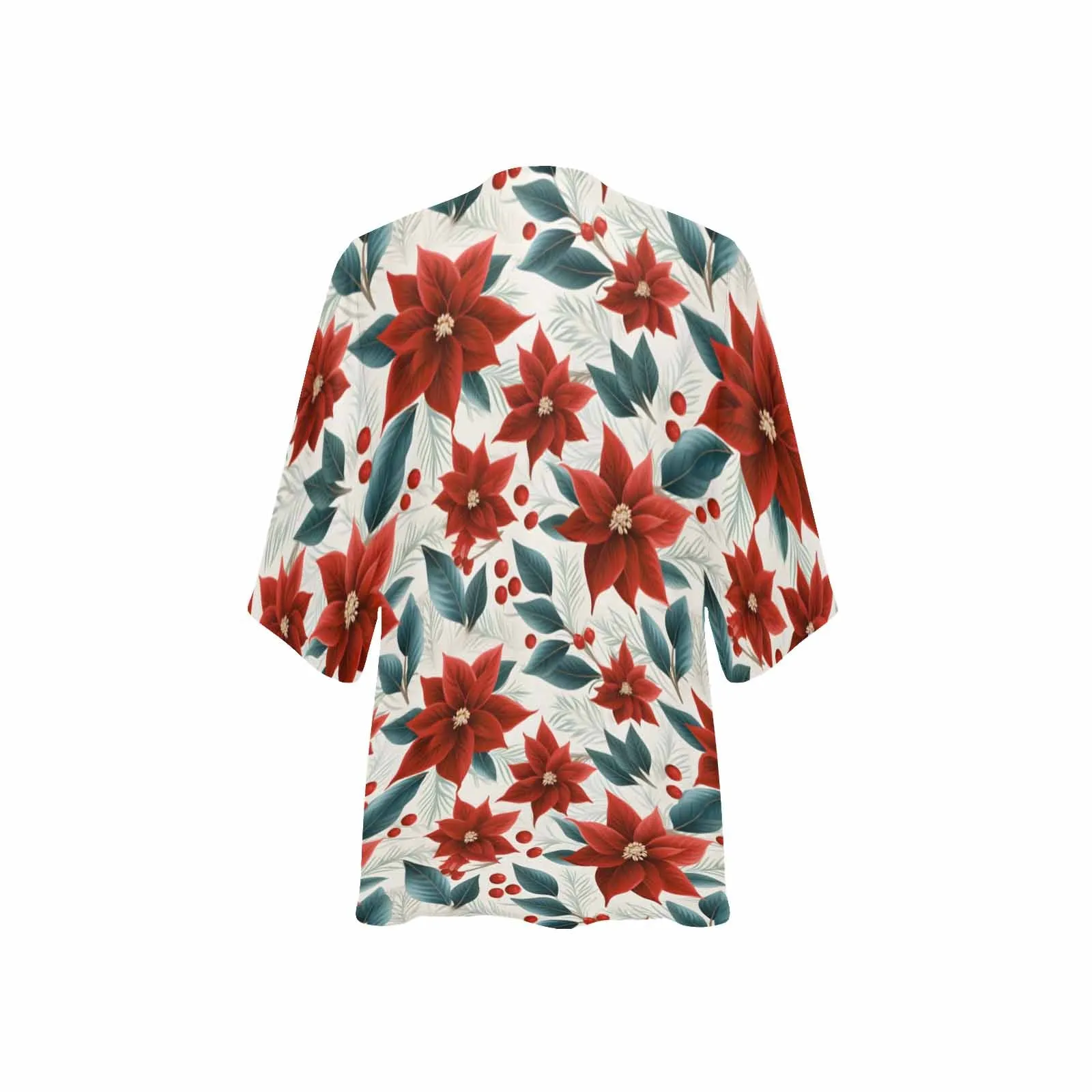 Christmas Red Poinsettia  Women's Kimono Chiffon Cover Up