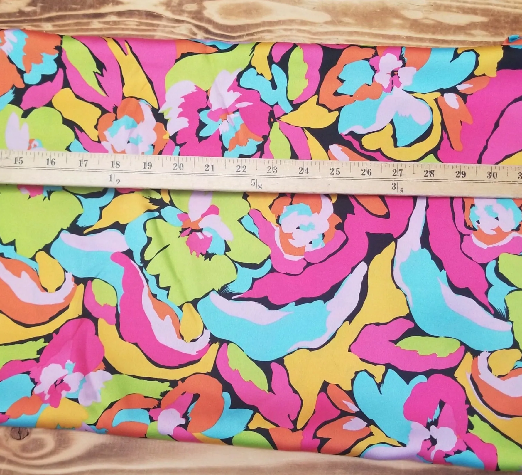 End of Bolt: 3.5 yards of Designer Deadstock Neon Roses Poly Satin Woven Print- remnant