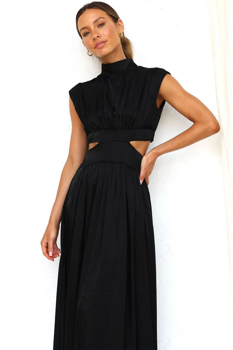 Flowy High Neck Ruched Trim Cutout Waist Summer Midi Sundress - Black