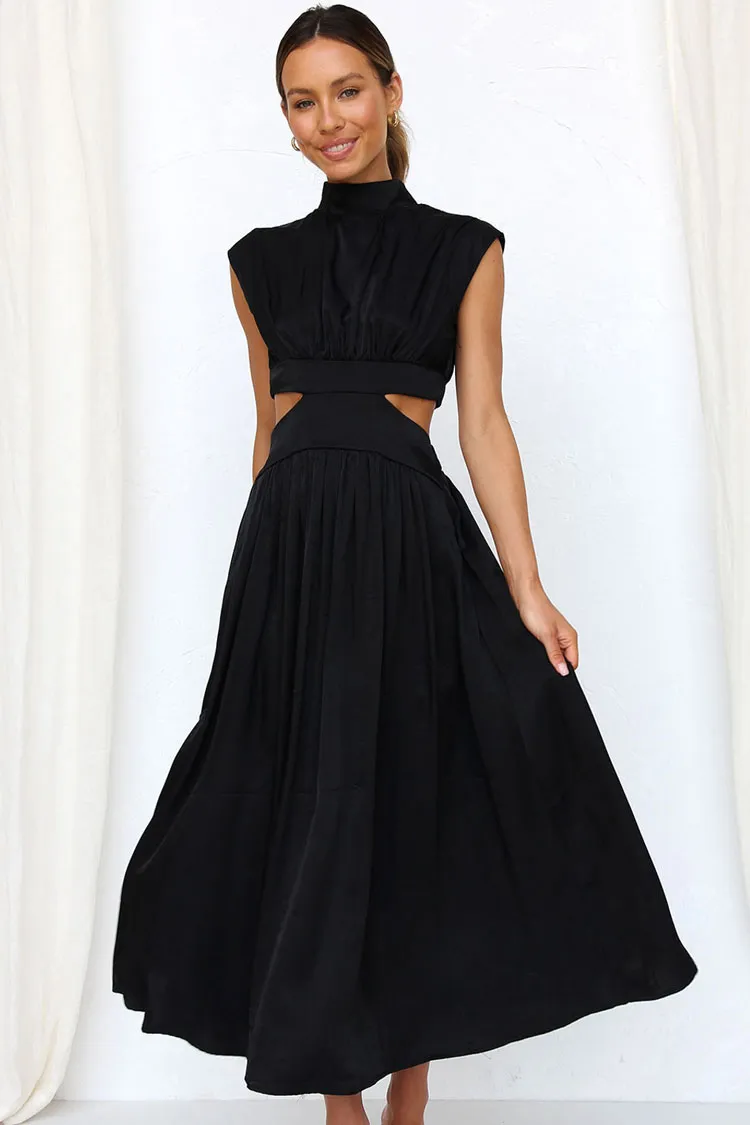 Flowy High Neck Ruched Trim Cutout Waist Summer Midi Sundress - Black