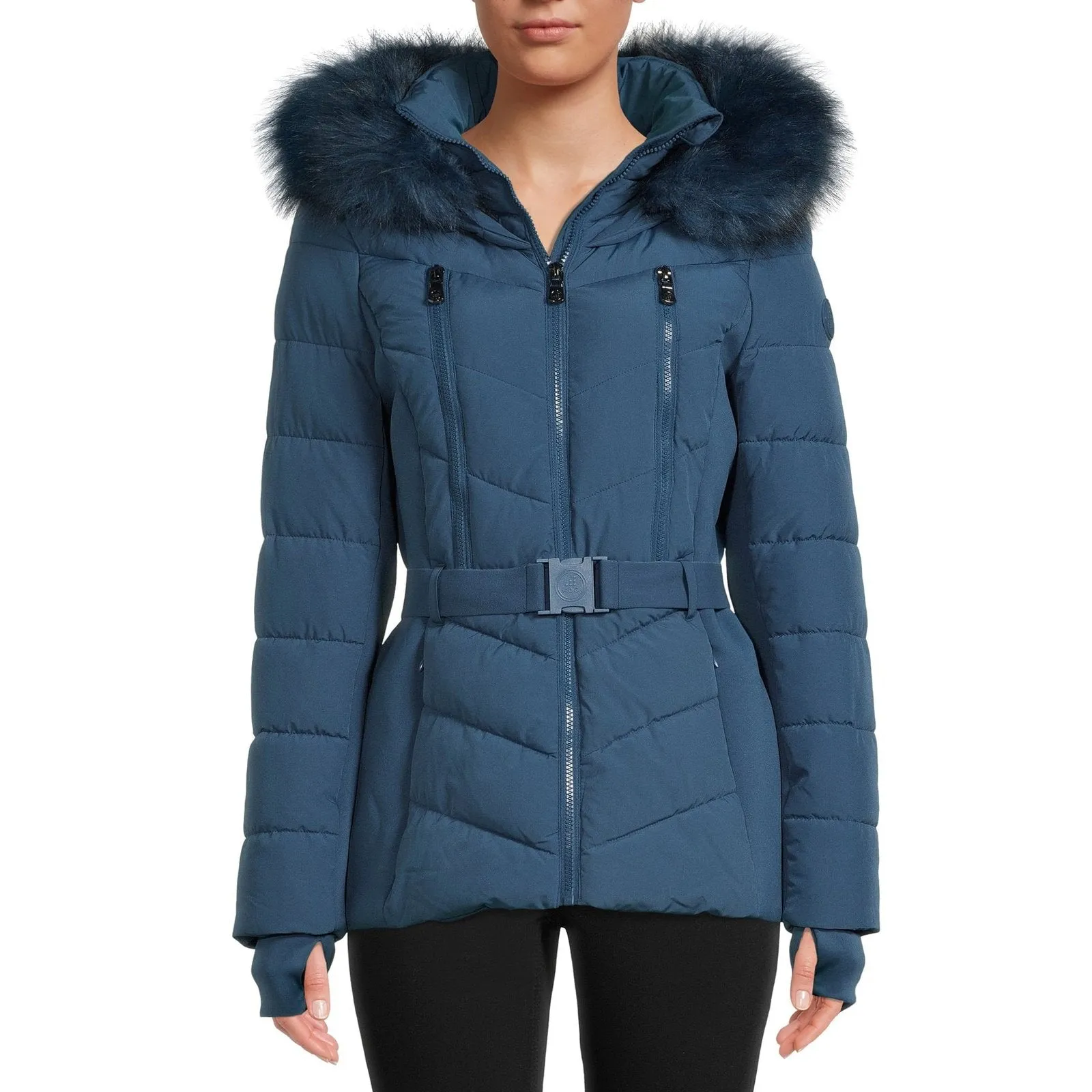 F.O.G. Women's and Plus Belted Puffer Coat with Faux Fur Hood