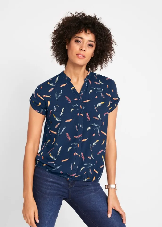 John Baner Jeanswear Printed Short Sleeve Blouse, Blue