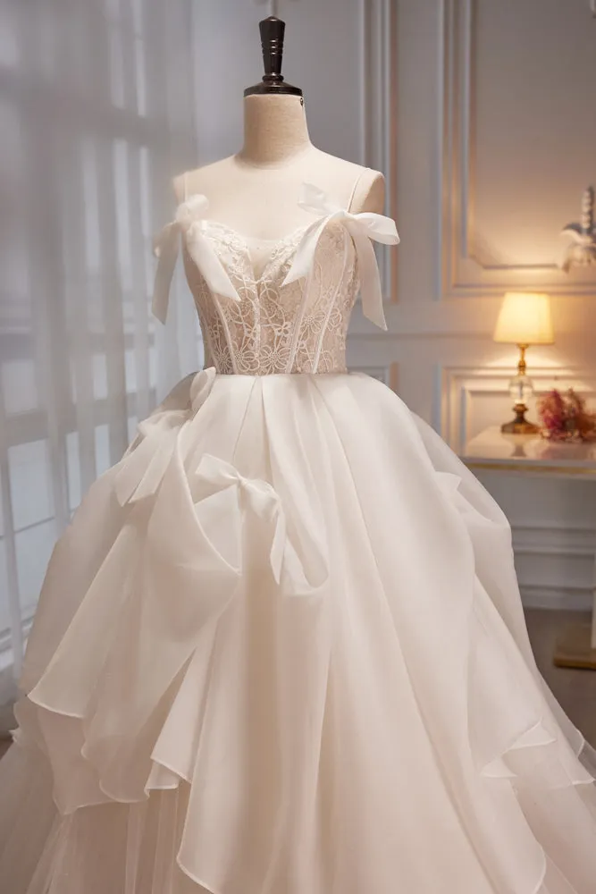 kamahe Elegant Ivory Spaghetti Straps Ball Gown with Bowknot A Line Tulle Long Prom Dresses