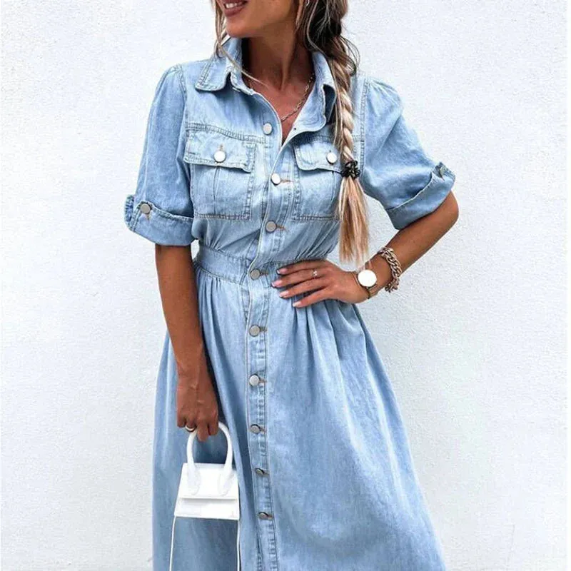 Lapel Button High Street Office Denim Chic Short Sleeve Elastic Waist Long Elegant Elegant Dress