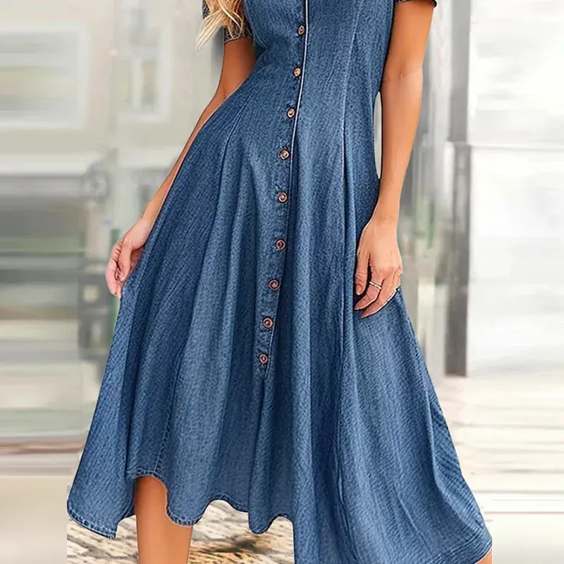 Lapel V Collar Solid Denim Slim Office Short Sleeve Button Party Elegant Elegant Dress