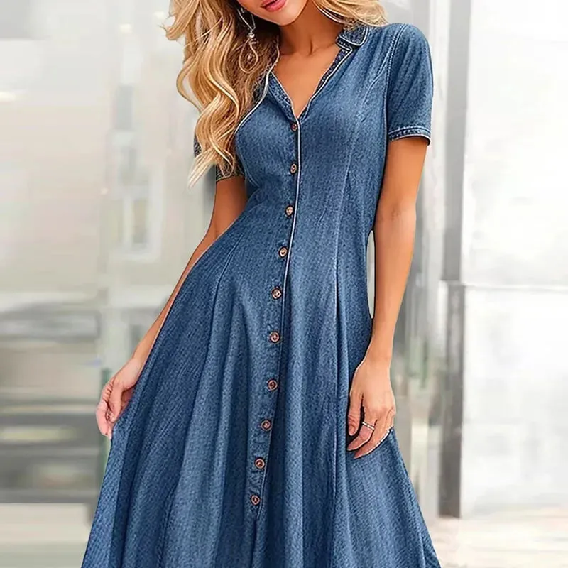 Lapel V Collar Solid Denim Slim Office Short Sleeve Button Party Elegant Elegant Dress