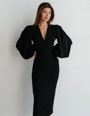 Long sexy deep V-neck lantern sleeve hip dress