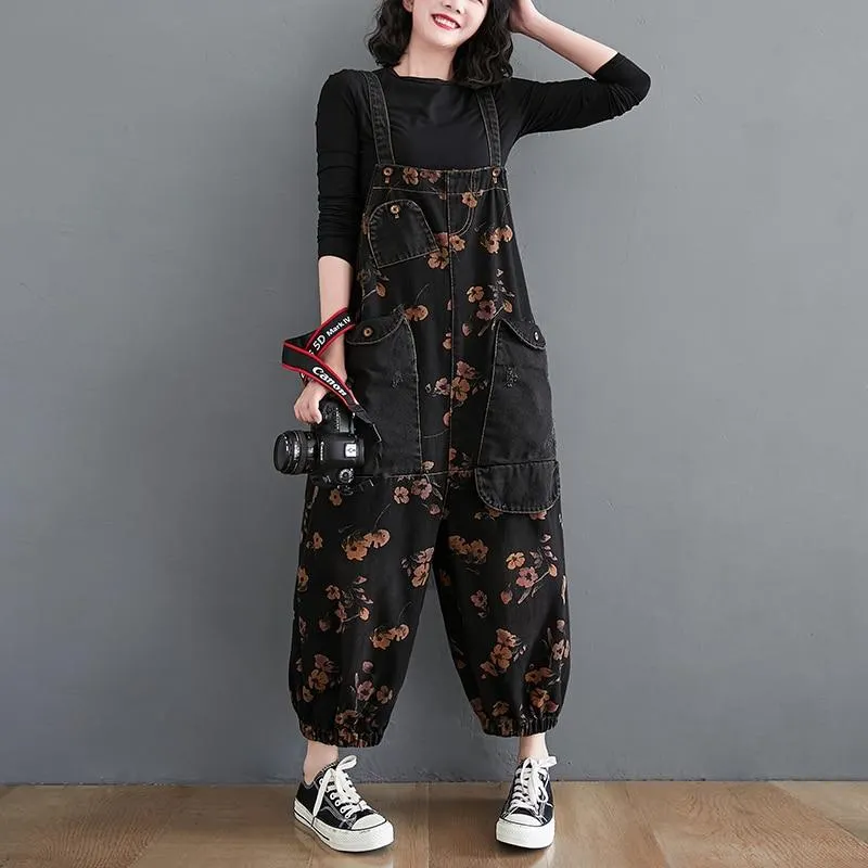 Loose Jeans Jumpsuit Women Casual Baggy Pants Floral Denim Overalls