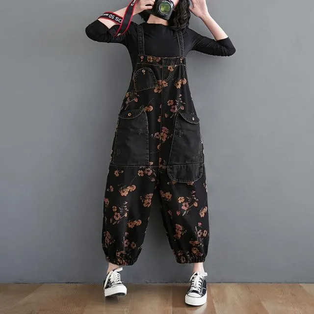 Loose Jeans Jumpsuit Women Casual Baggy Pants Floral Denim Overalls