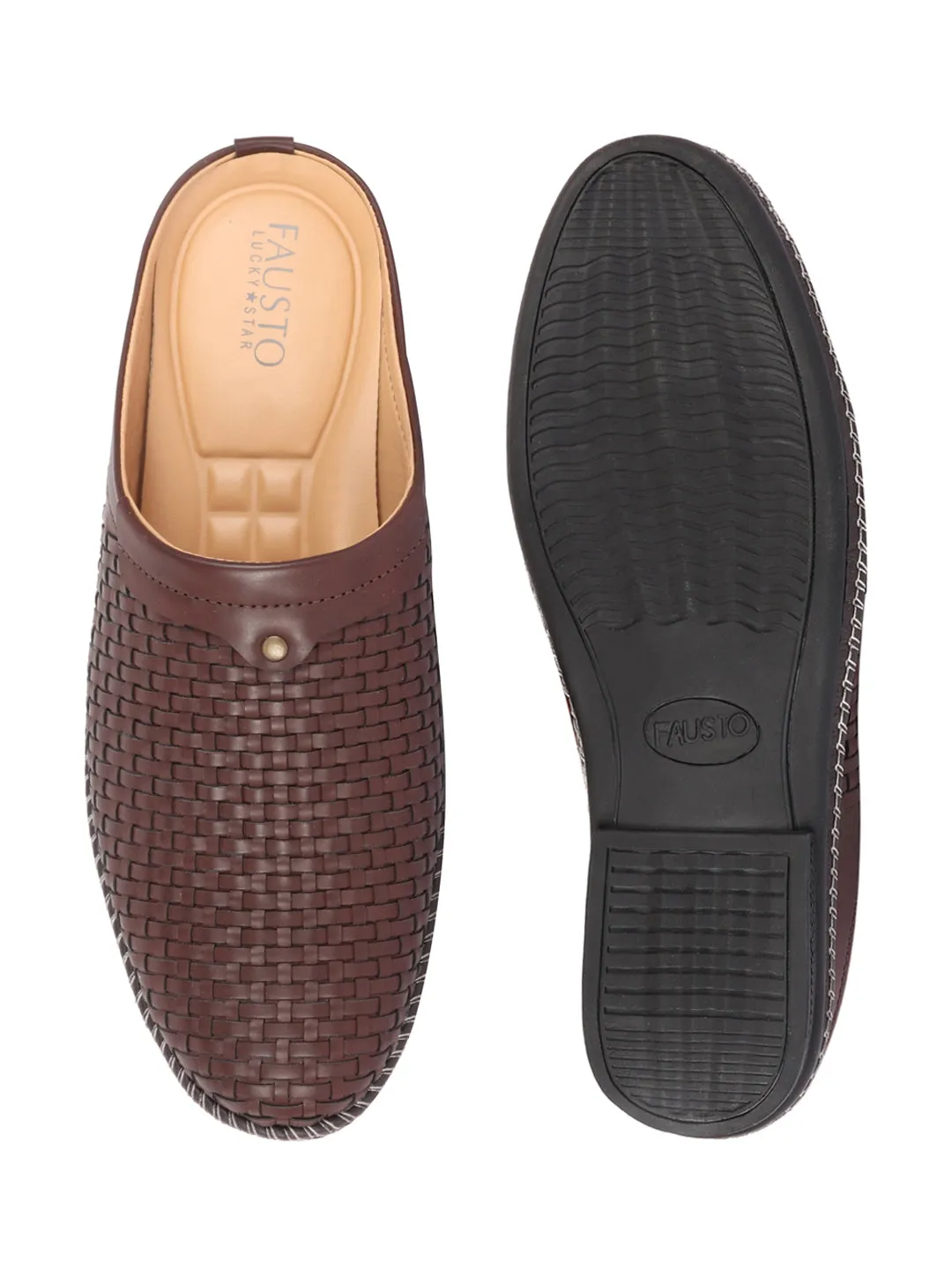 Men Brown Back Open Knit Design Stitched Ethnic Casual Mules