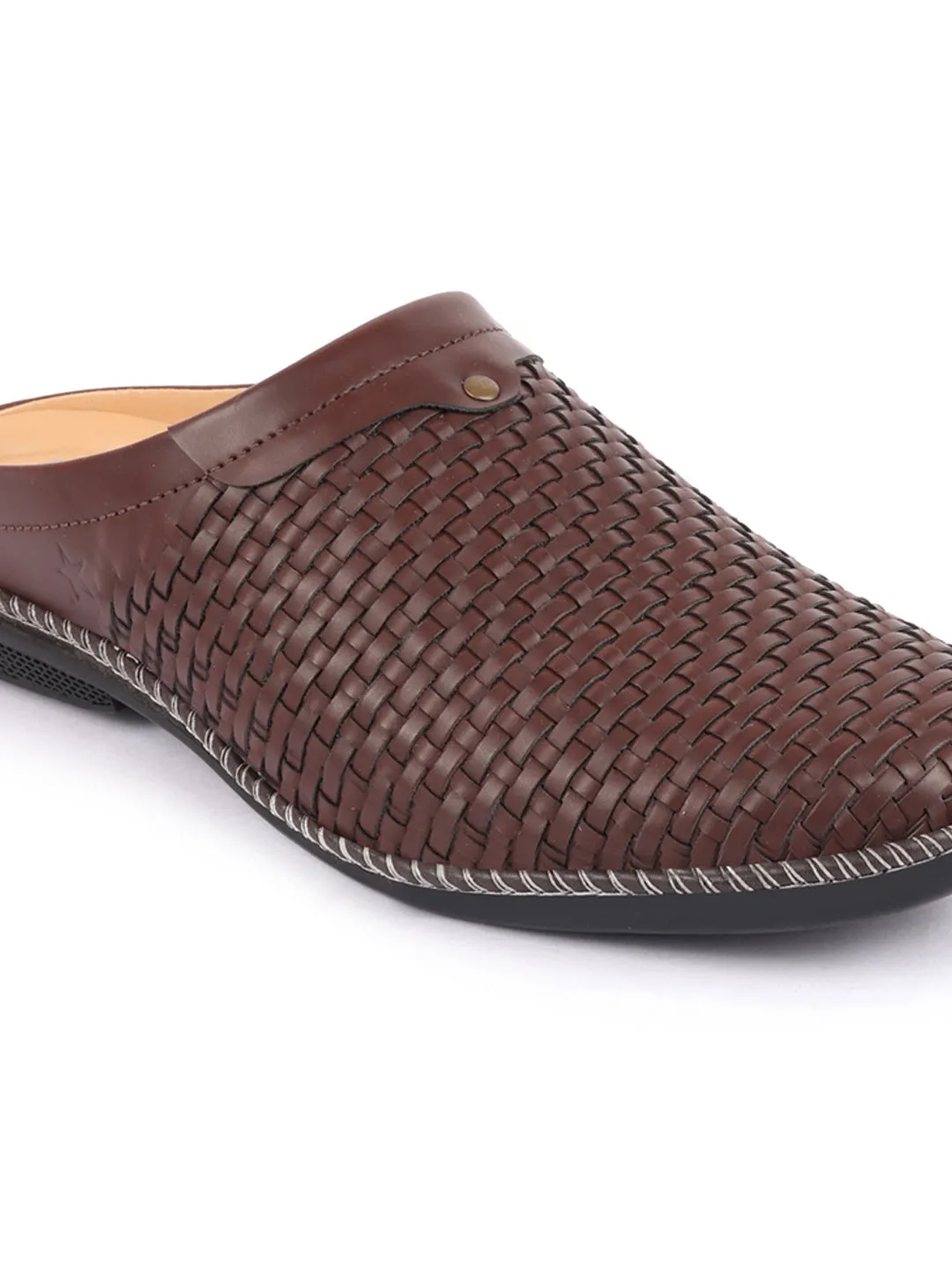 Men Brown Back Open Knit Design Stitched Ethnic Casual Mules