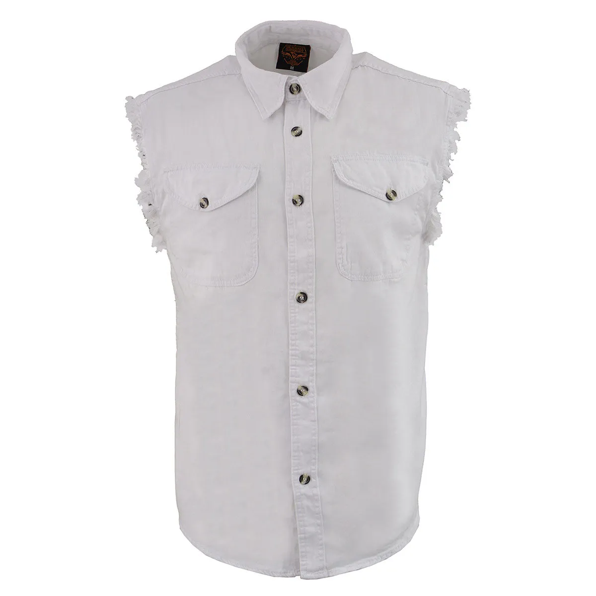 Milwaukee Leather DM4006 Men's White Denim Lightweight Shirt with Sleeveless Frayed Cut Off