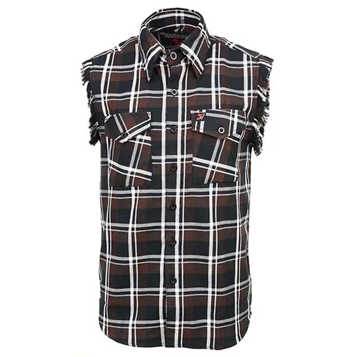 Milwaukee Leather MNG11693 Men’s Classic Black and Brown Button-Down Flannel Cut Off Frayed Sleeveless Casual Shirt