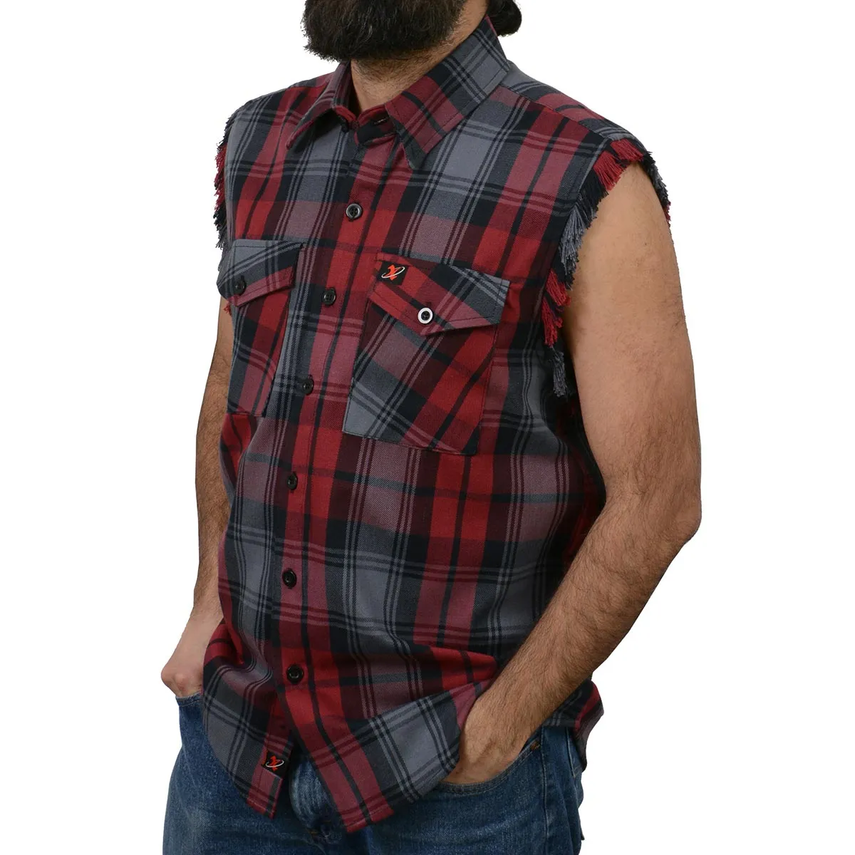 Milwaukee Leather MNG11696 Men’s Classic Black and Grey with Red Button-Down Flannel Cut Off Frayed Sleeveless Casual Shirt