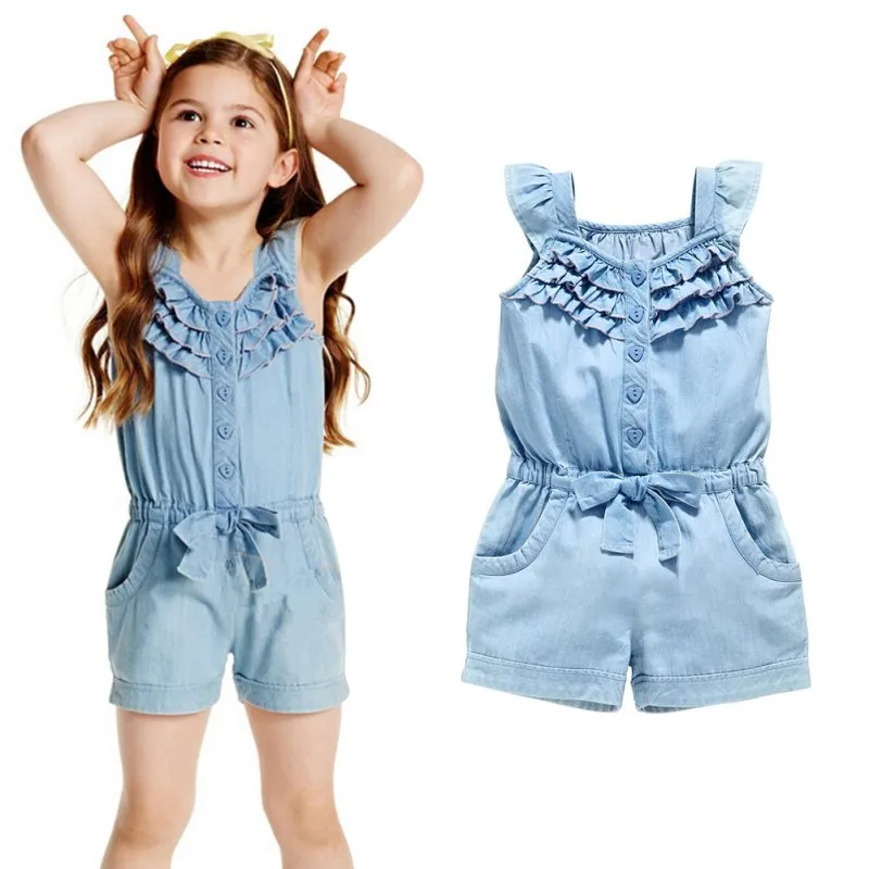 New Kids Girls Clothing Denim Blue Cotton Washed Jeans Sleeveless Bow Jumpsuits 0-5 Year