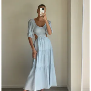 NOVA Baby Blue Puff Sleeve Flowy Open Back Maxi Dress