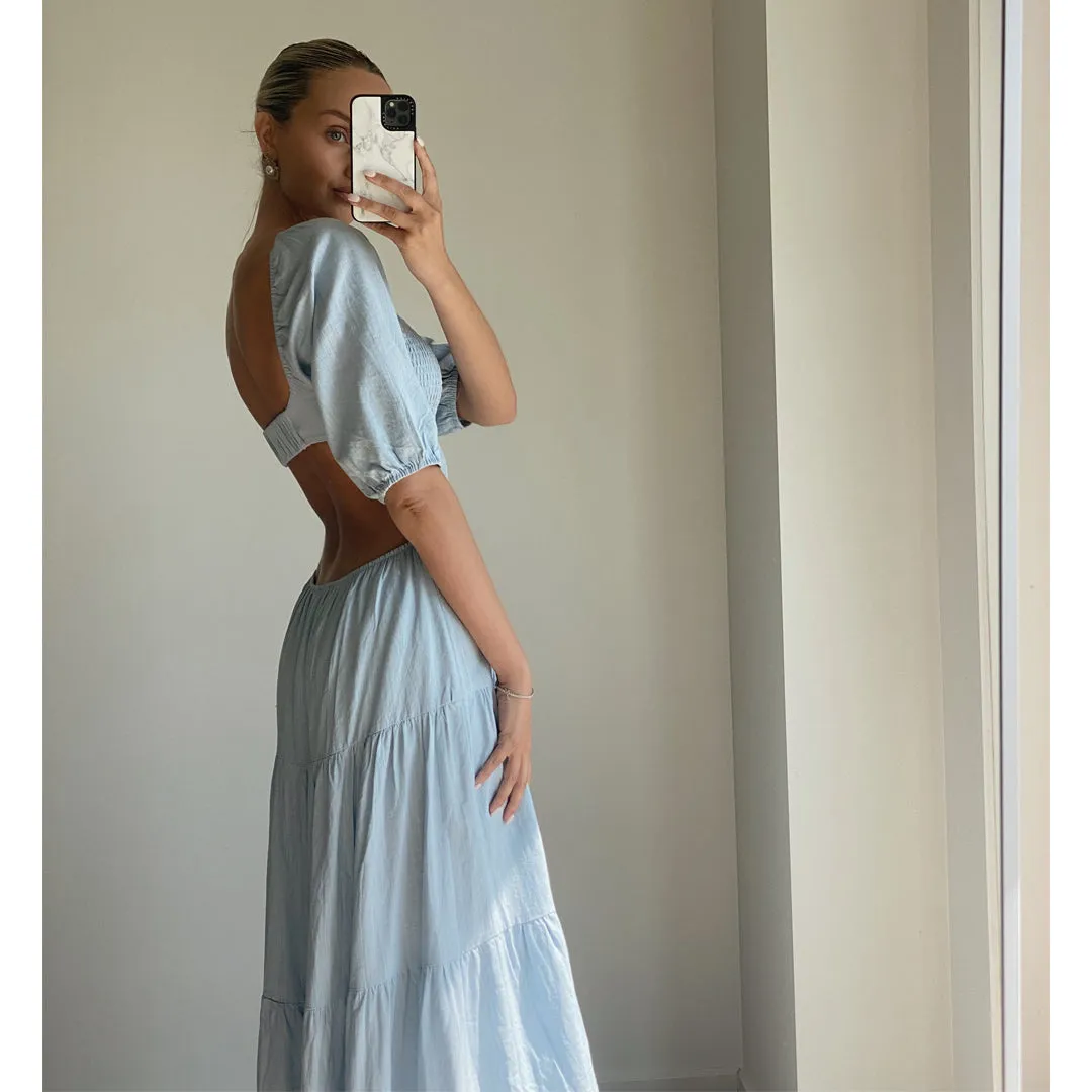 NOVA Baby Blue Puff Sleeve Flowy Open Back Maxi Dress