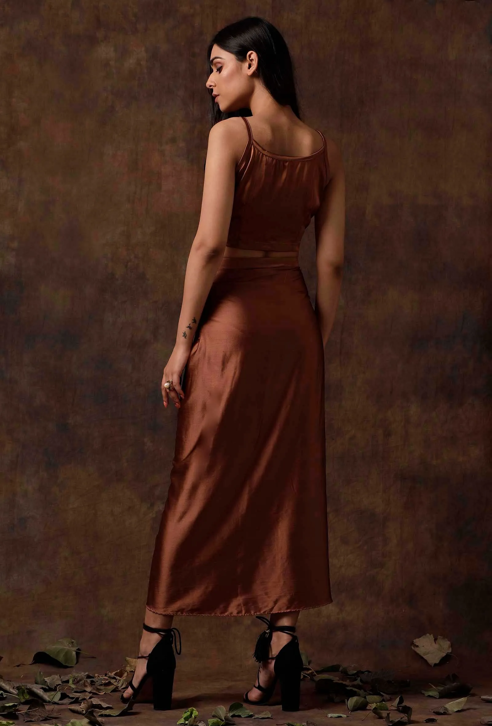 Set of 2 : Russet Brown Slip Blouse and Skirt Drape