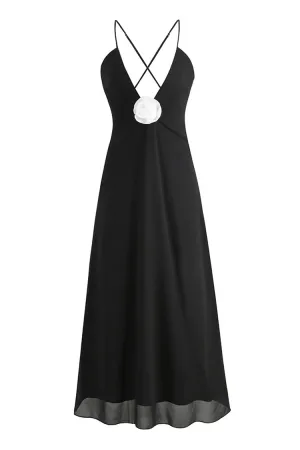 Sexy Rosette Deep V Neck Spaghetti Strap Cross Back Chiffon Slip Maxi Dress