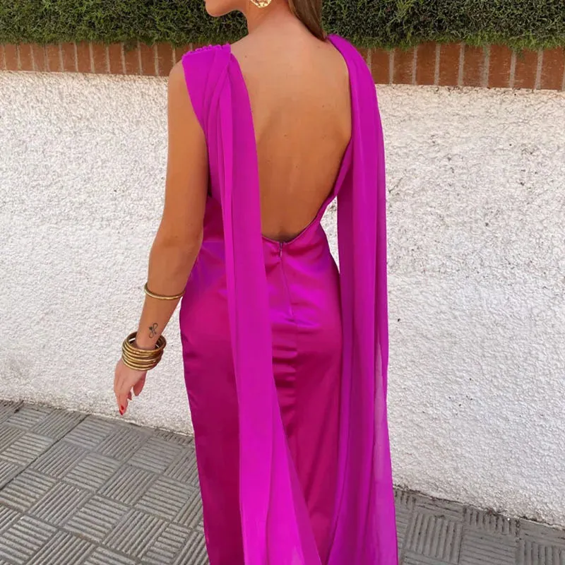 Shawl Backless Long Waist Bodycon Party Lady Off Shoulder Stitching Satin Elegant Sexy Dress