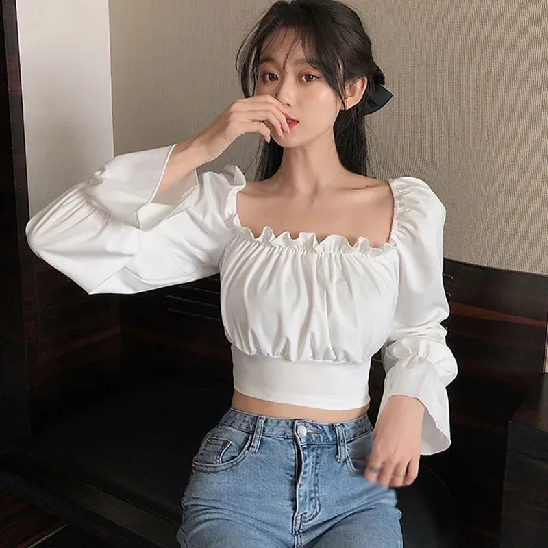 Slim Back Solid Puff Long Sleeve Blouse