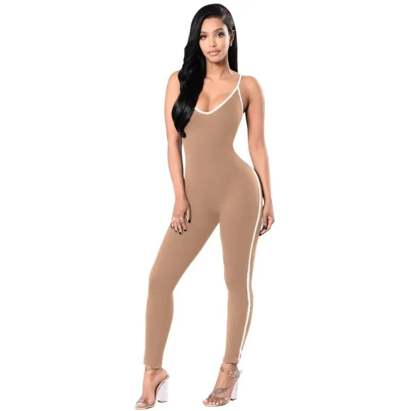 Spaghetti Strapped V Neckline Stripe Jumpsuit