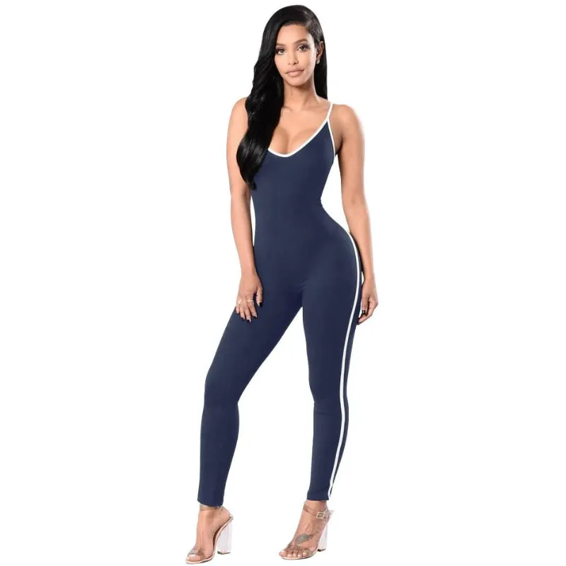 Spaghetti Strapped V Neckline Stripe Jumpsuit