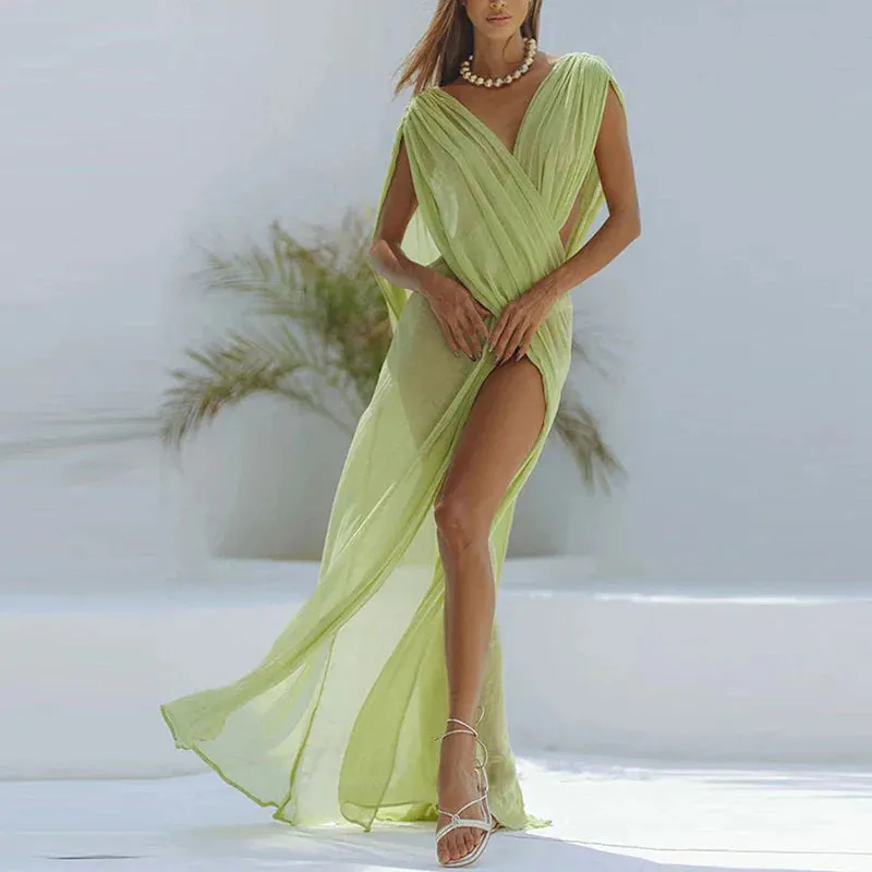 Summer Sleeveless High Split Maxi Hollow Backless Beach Elegant Elegant Dress