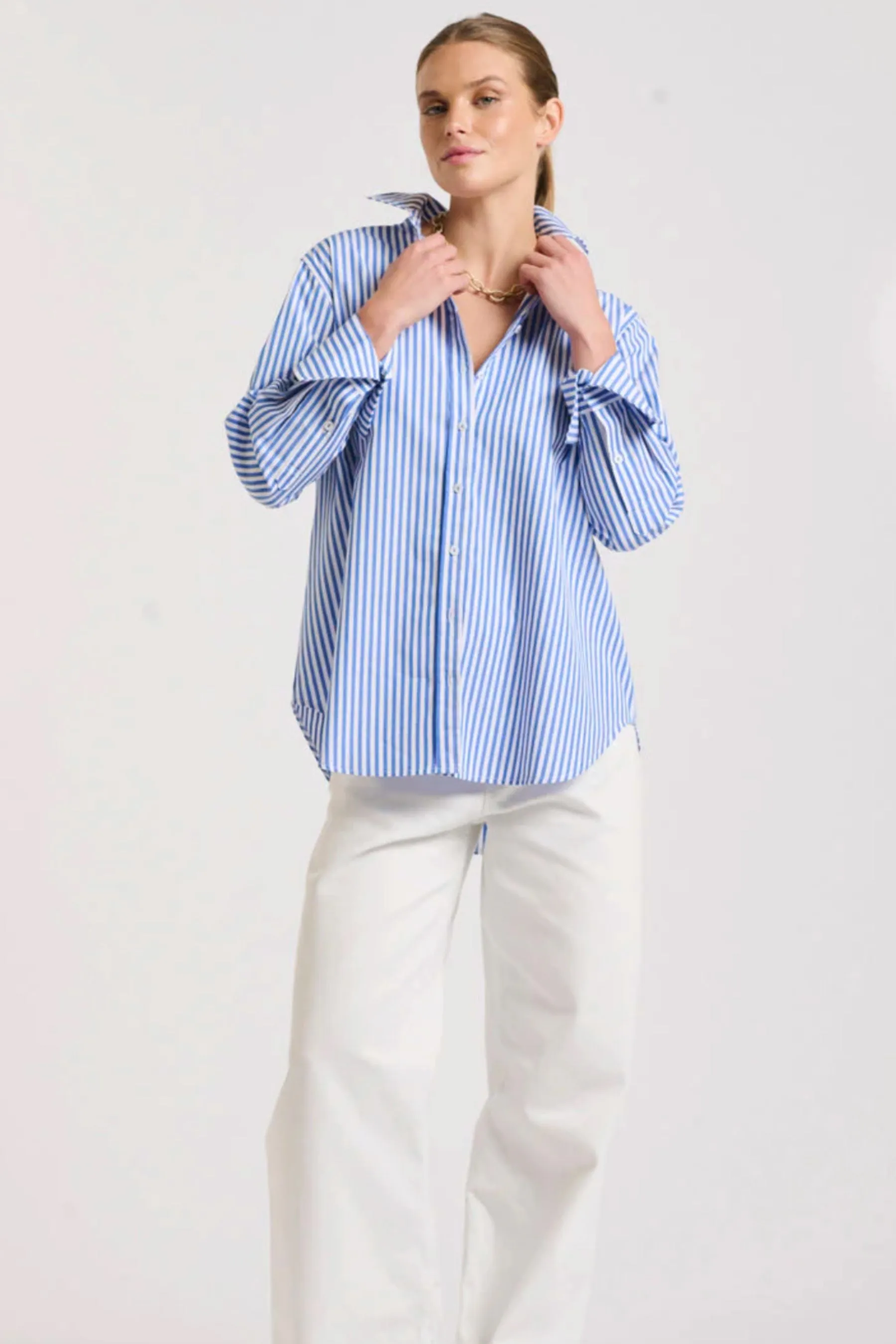 The Elodie Girlfriend Shirt | Mid Blue Stripe