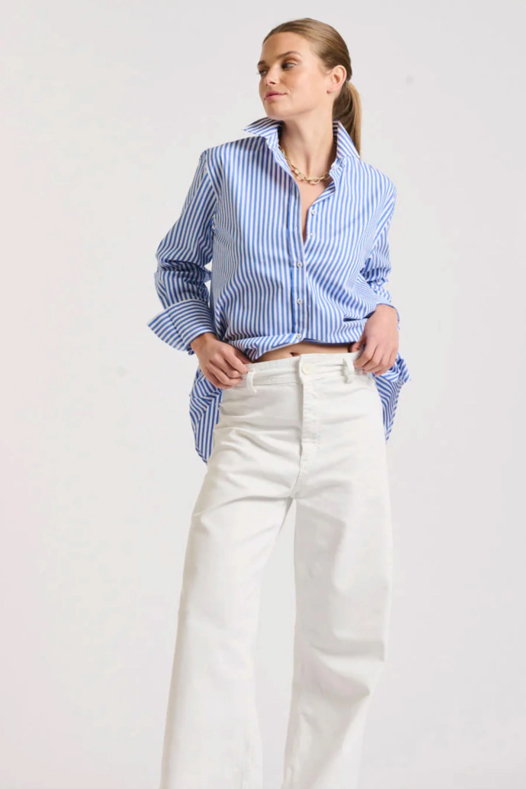 The Elodie Girlfriend Shirt | Mid Blue Stripe