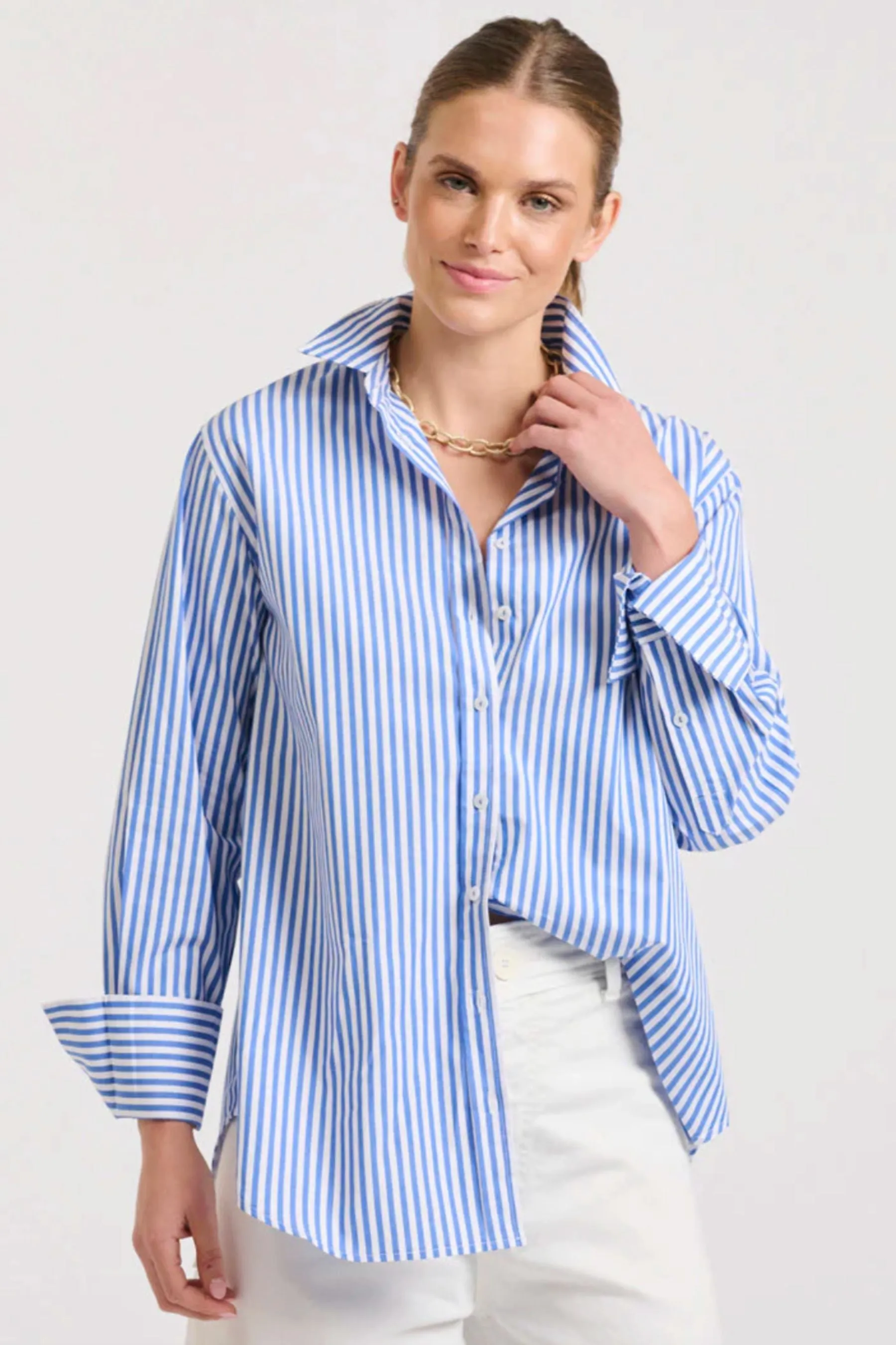 The Elodie Girlfriend Shirt | Mid Blue Stripe