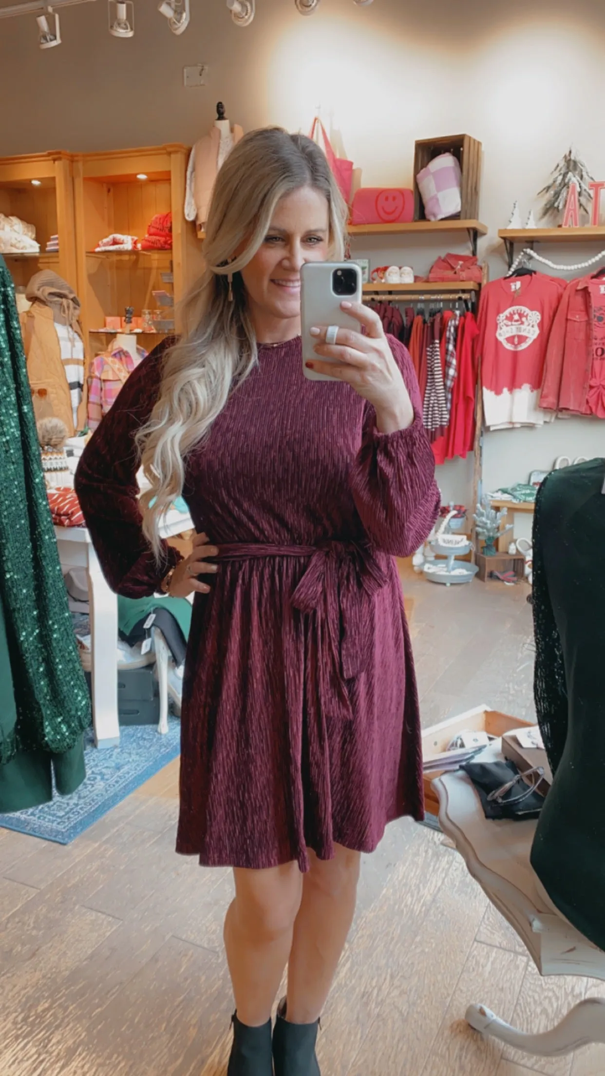 Tie Waist Crinkle Velvet Dress